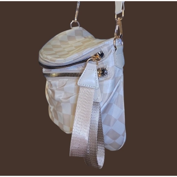 Beige Checkered Crossbody Bag Nylon Gold Hardware Adjustable Wide Strap Bum... - Picture 7 of 13